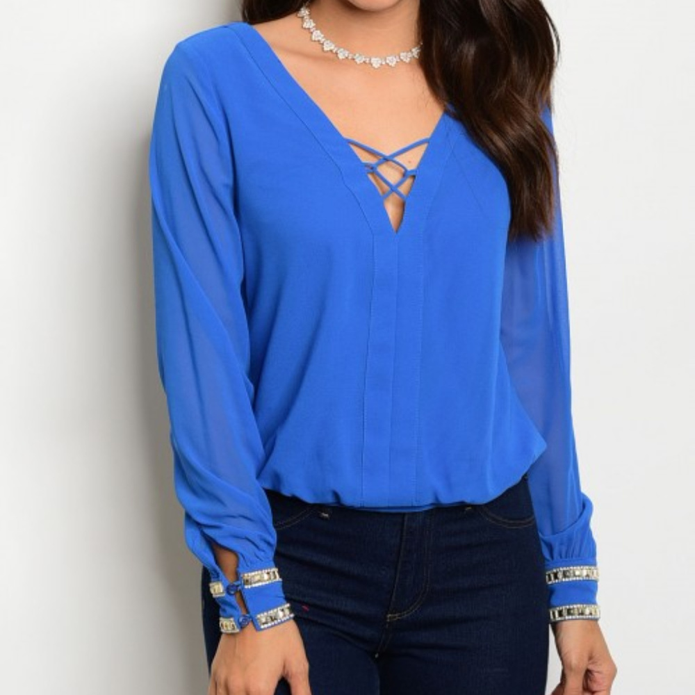 Royal Blue Embellished Long Sleeve Blouse